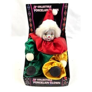 Vintage 12" Porcelain Clown Doll Red Green Jester Harlequin Costume Original Box